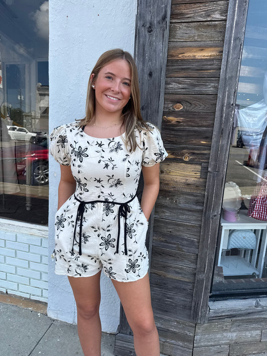 Cream and Black Floral Romper