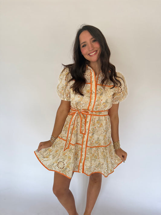 Orange Eyelet Floral Tie Dress