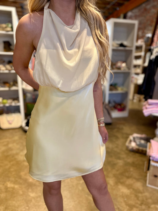 Lemon Satin Halter Dress