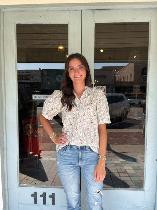 Almond Block Print Blouse