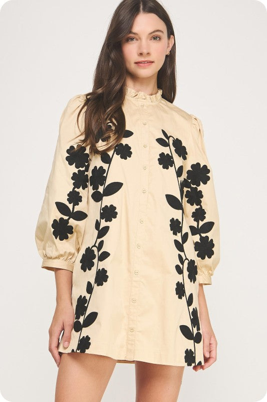 Cream and Black Embroidered Dress