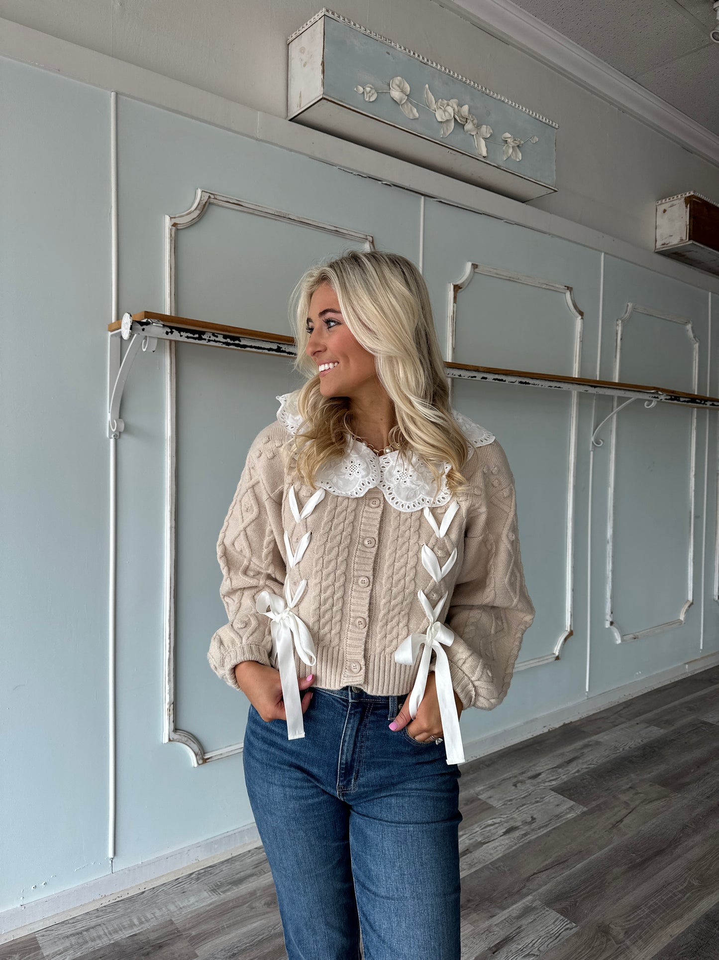 Taupe Collar Cable Knit Cardigan
