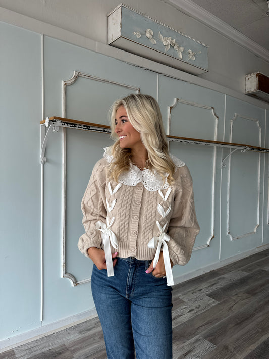 Taupe Collar Cable Knit Cardigan