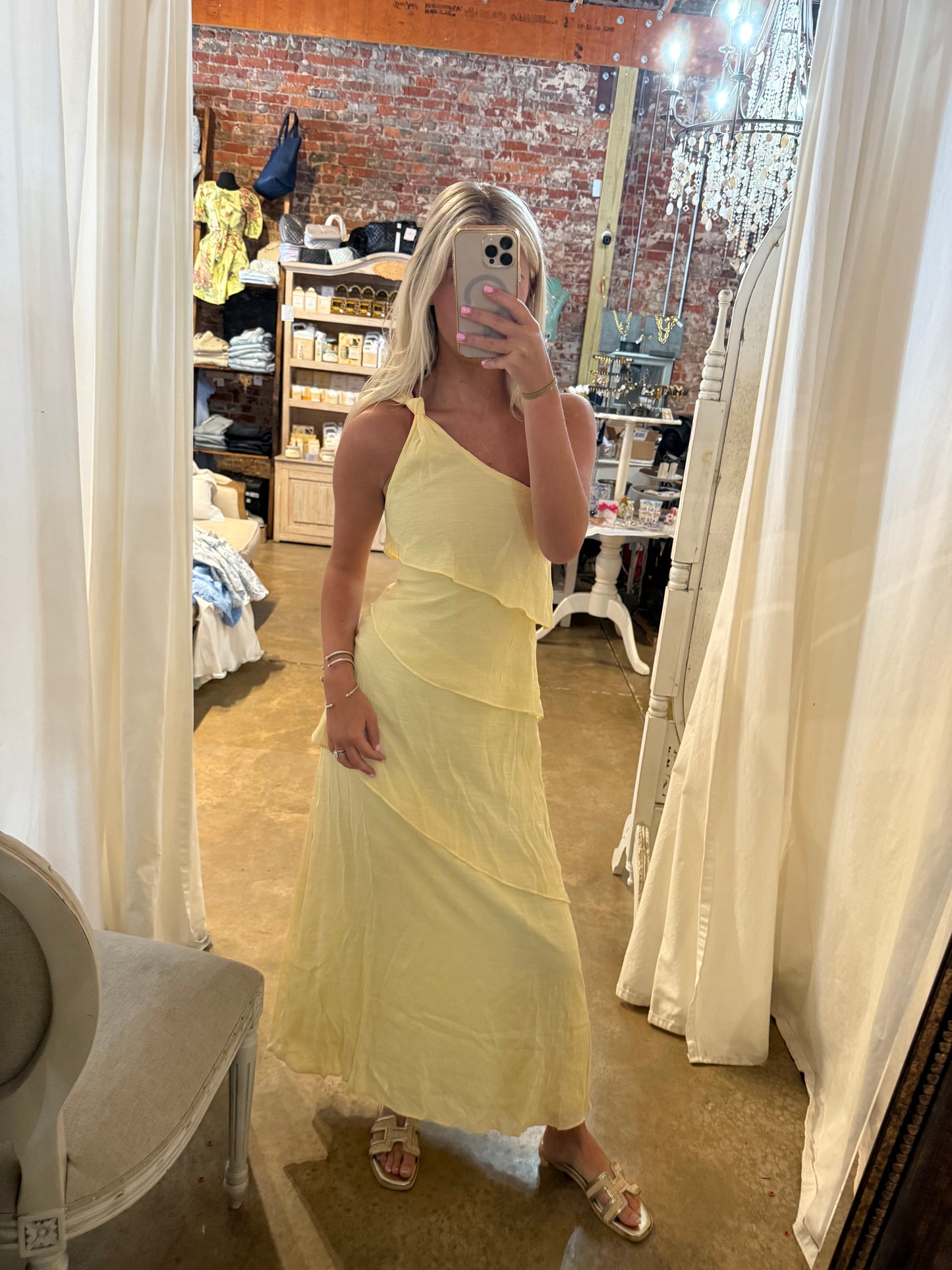 Yellow Tie Shoulder Midi Dress