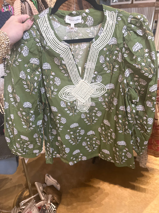 Green Floral Embroidered Jules Top