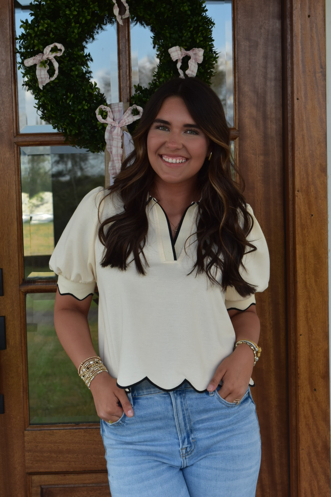 White and Black Scalloped Baby Tee