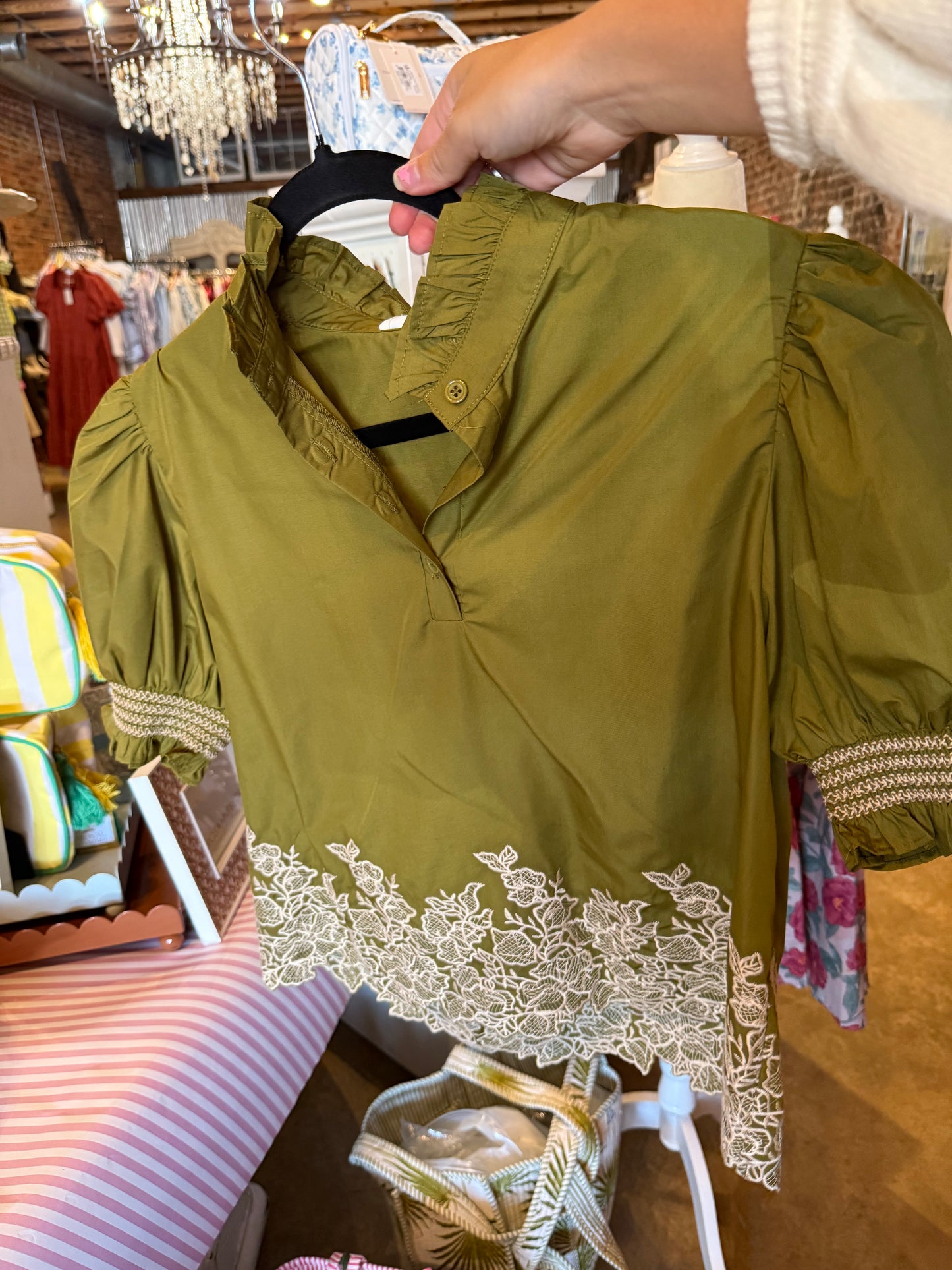 Olive Embroidered Top