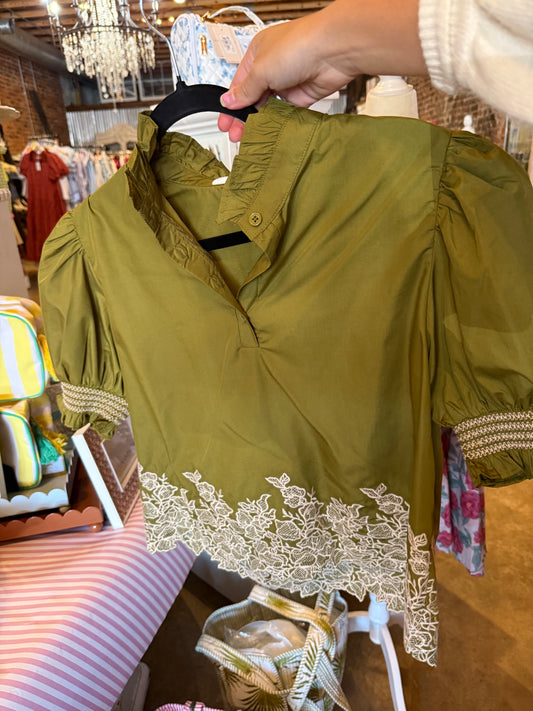 Olive Embroidered Top