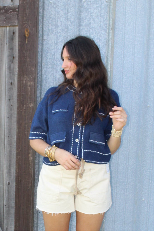 Navy and White Button Sweater