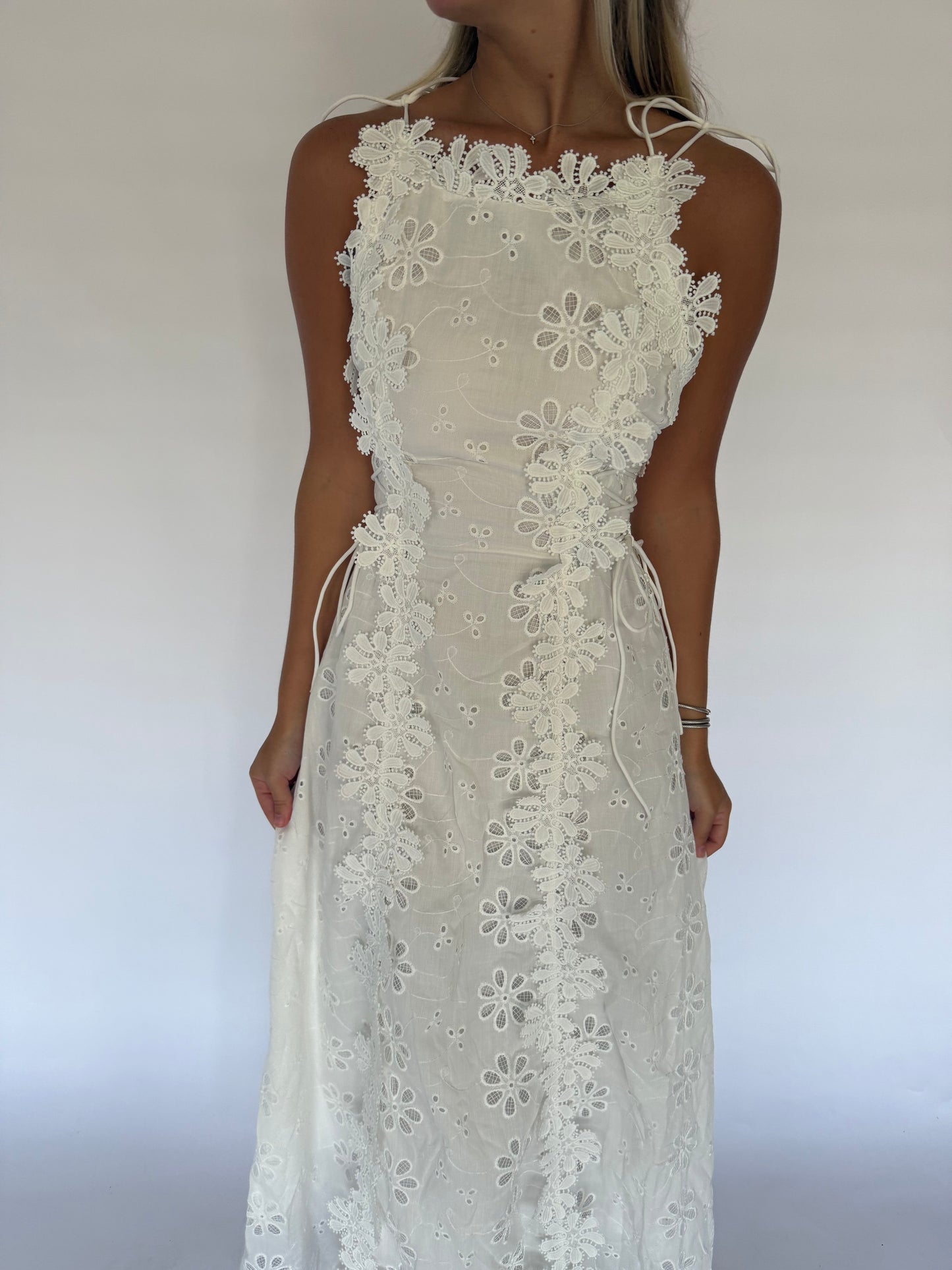 Eyelet Spaghetti Strap Tie Midi