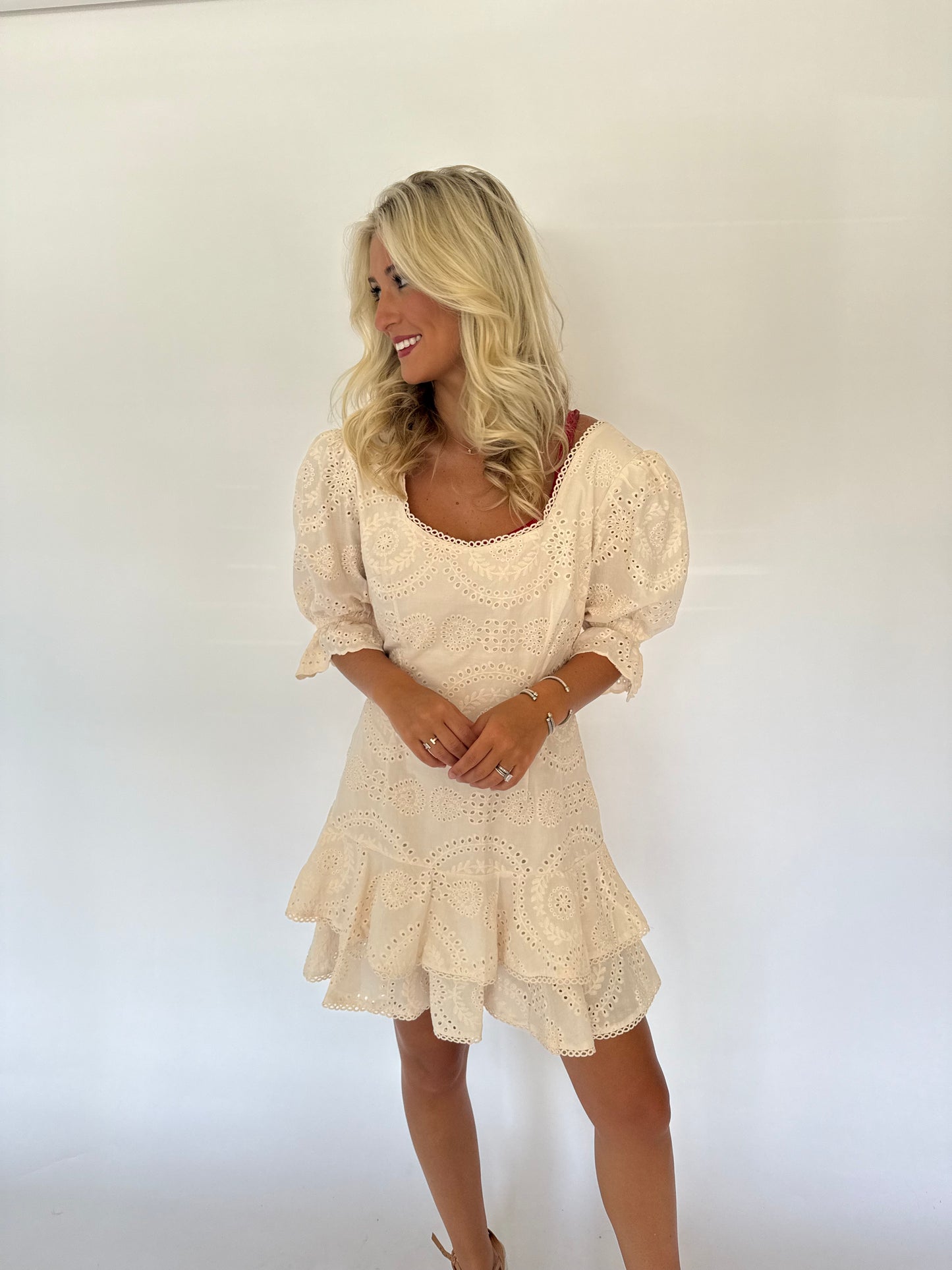 Eyelet Tiered Mini Dress Peach