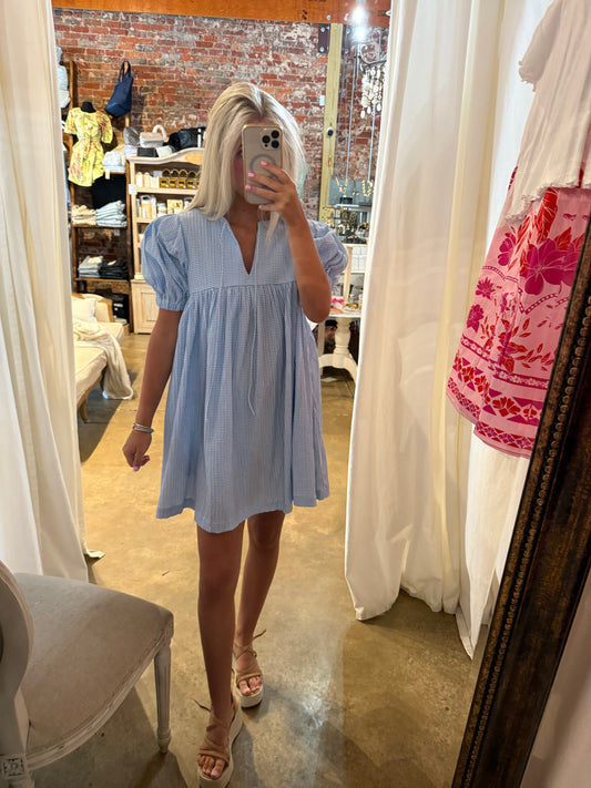 Blue Gingham Plaid Babydoll Dress