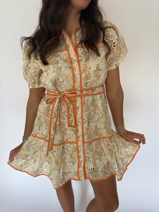 Orange Eyelet Floral Tie Dress