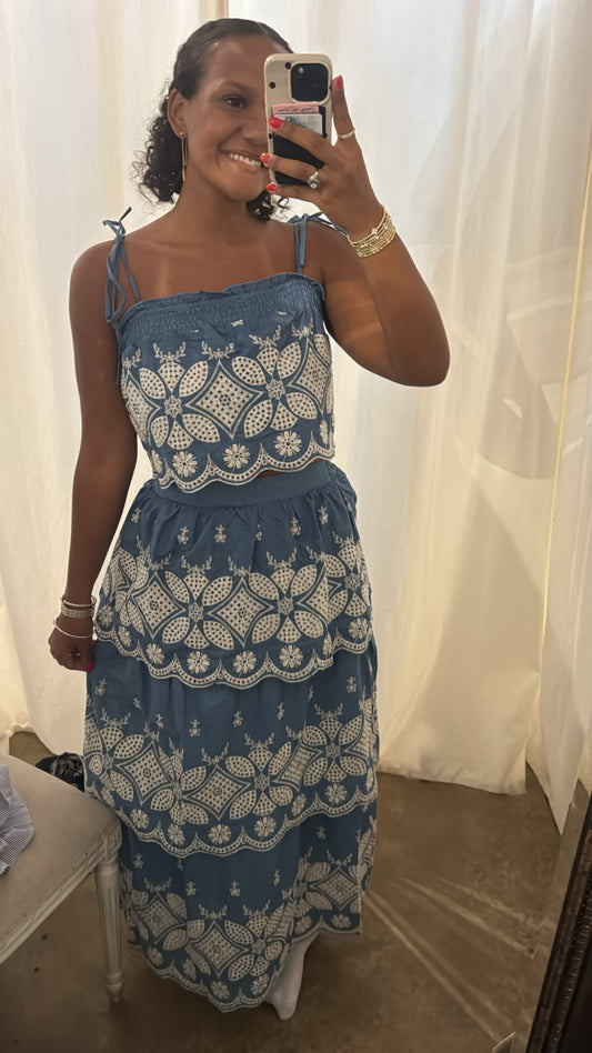 Blue Denim Maxi Skirt Set