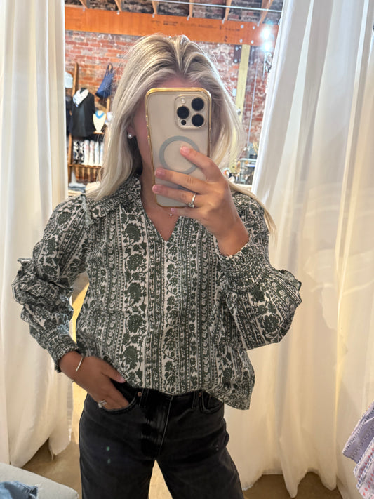 Green and White Printed Top