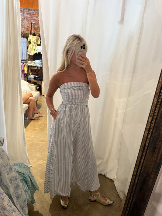 Midnight Stripe Strapless Maxi Dress