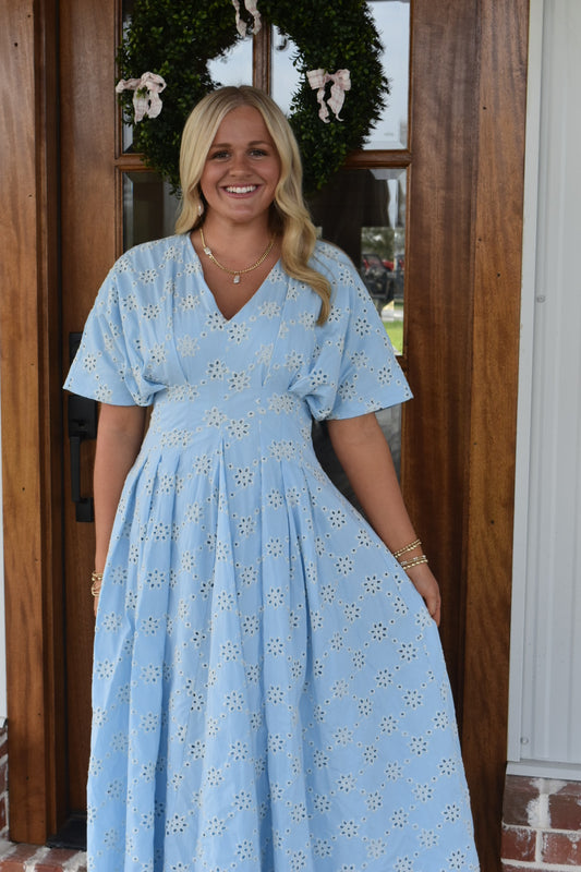 Blue and White Eyelet Midi Dress