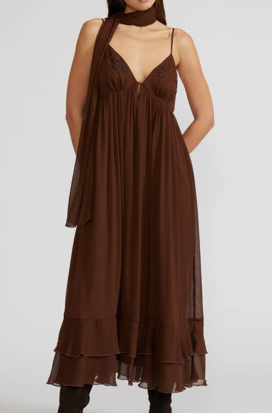 Brown Long Dress with Sash
