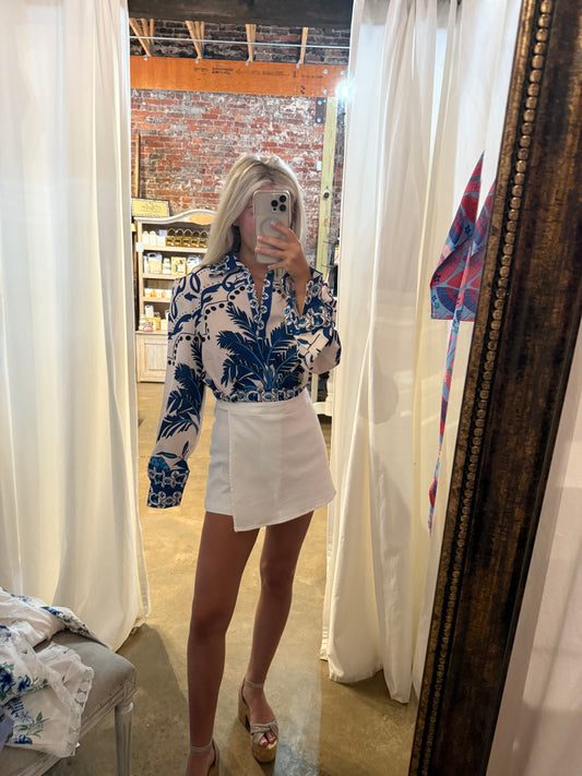 Blue Floral V Neck Crop Top