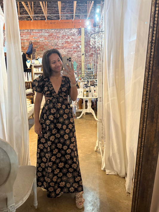 Fall Flower Cut Out Midi Dress
