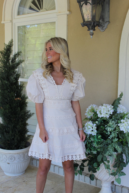 Solid Ivory Lace Trim Dress