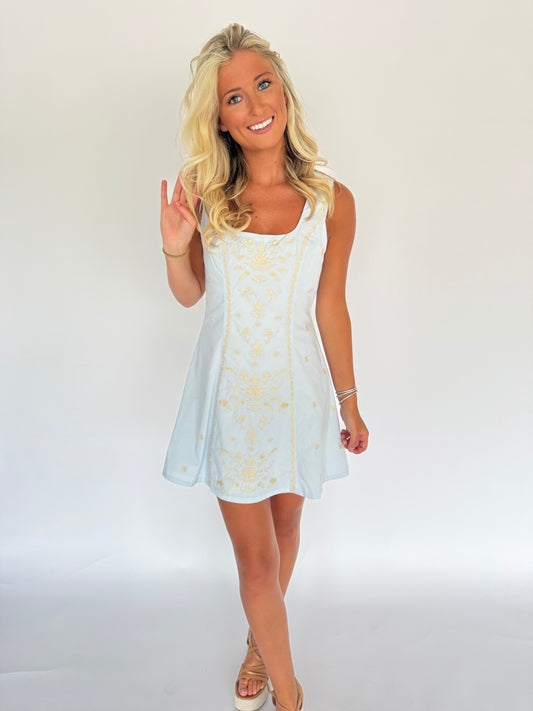 Blue Square Neck Embroidered Mini Dress