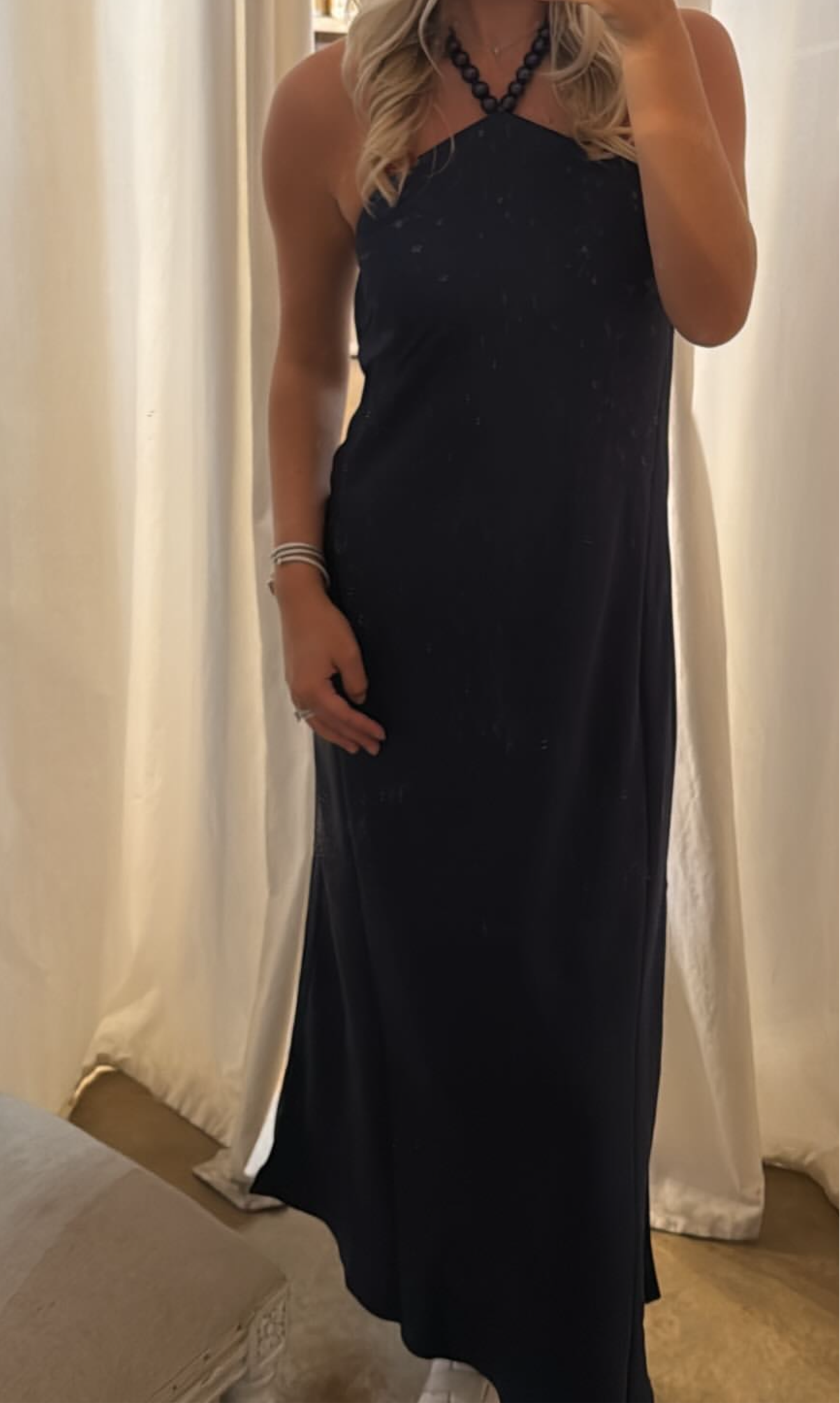 Navy Beaded Satin Midi Dress