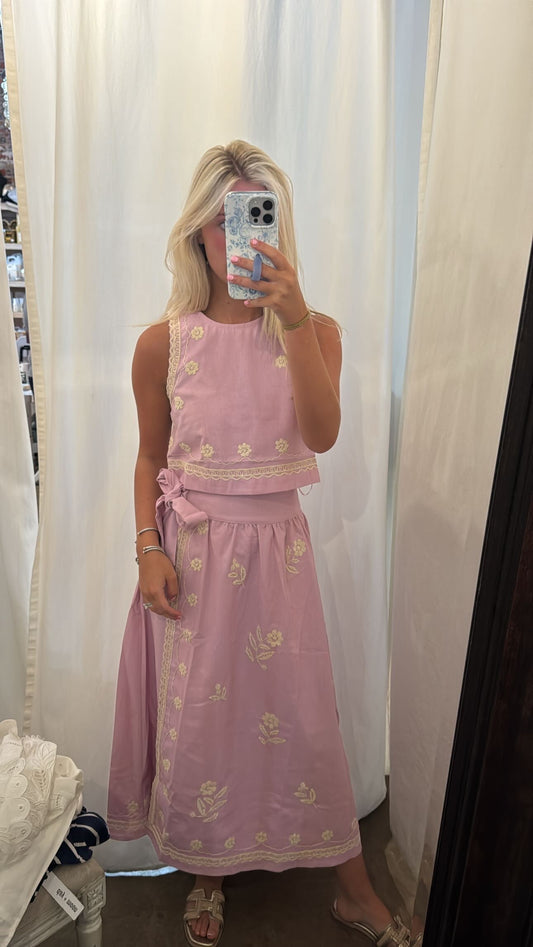 Pink Lavender Embroidered Midi Skirt Set