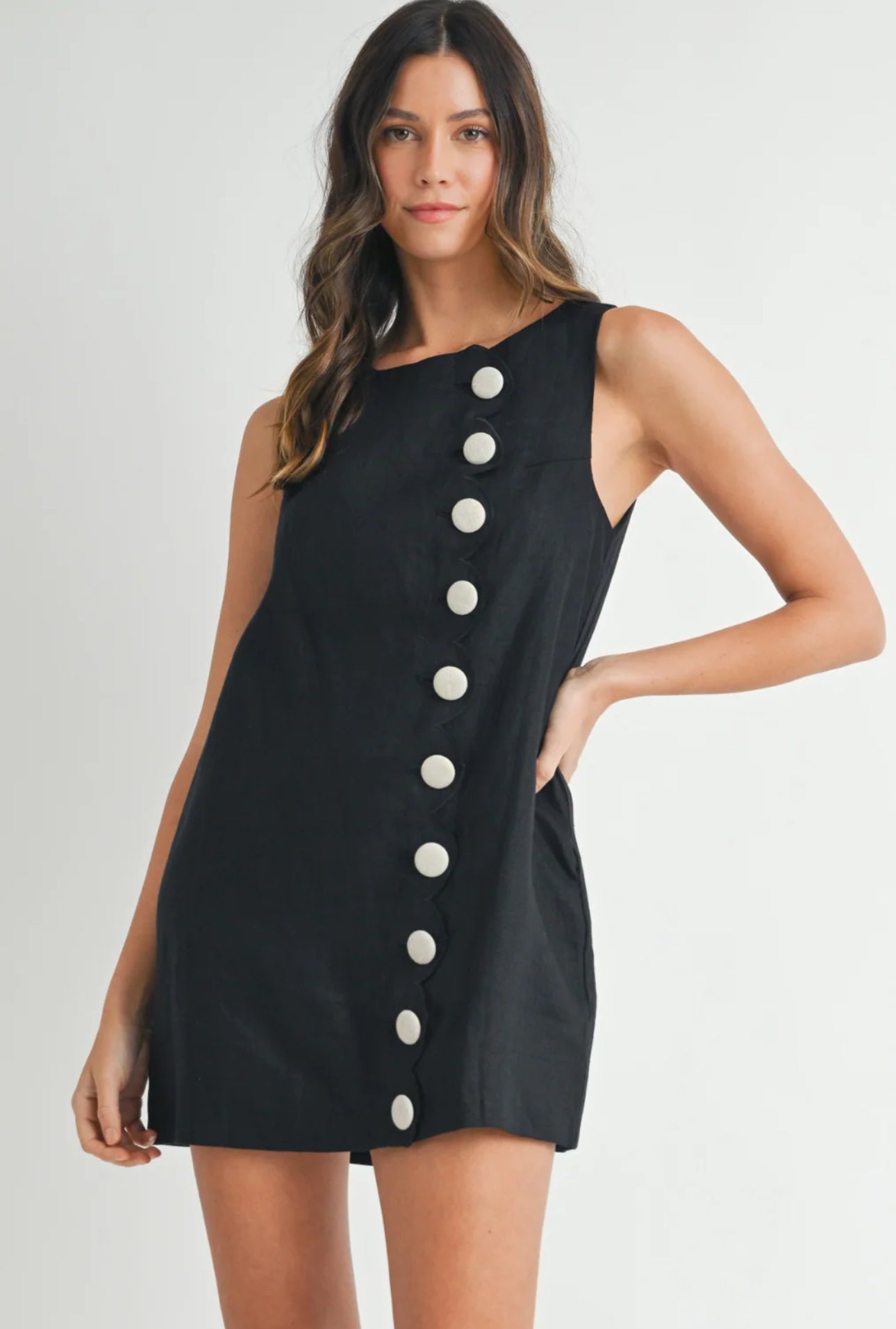 Black Mini Dress White Scalloped Buttons