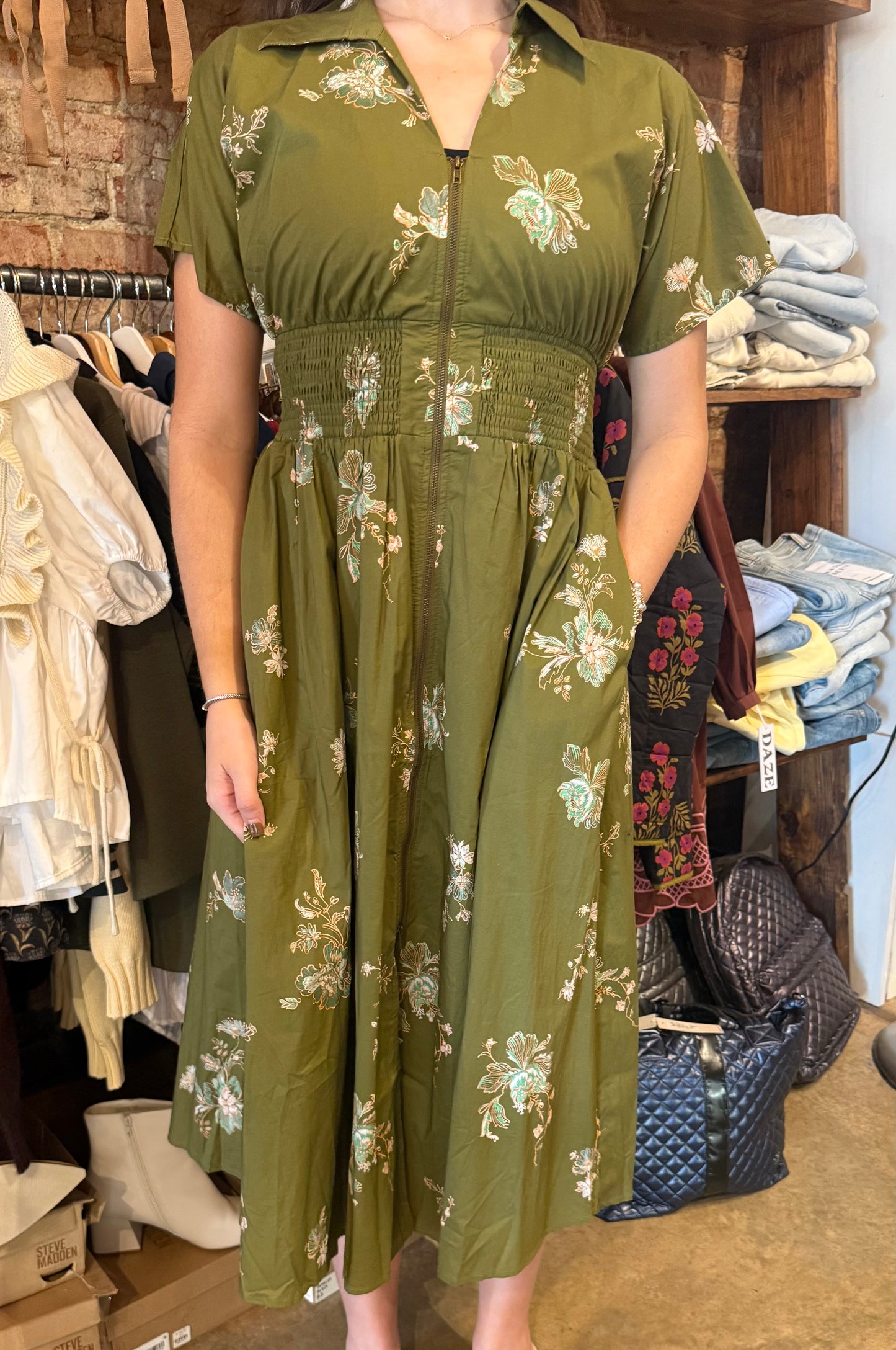 Green Floral Zip Waist Midi Dress