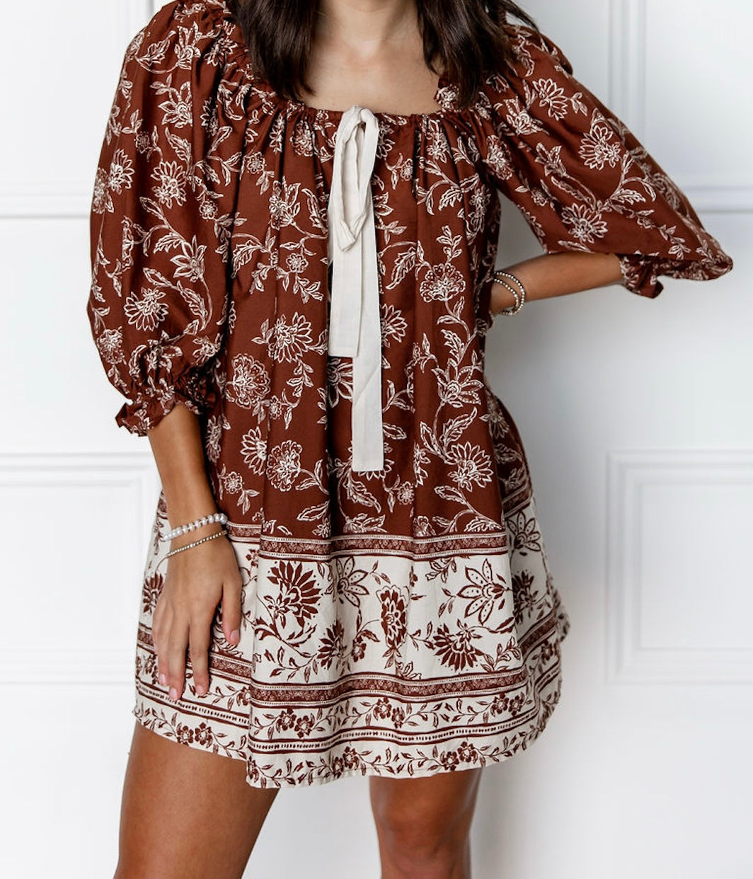 Olivia Brown Baby Doll Print Mini Dress