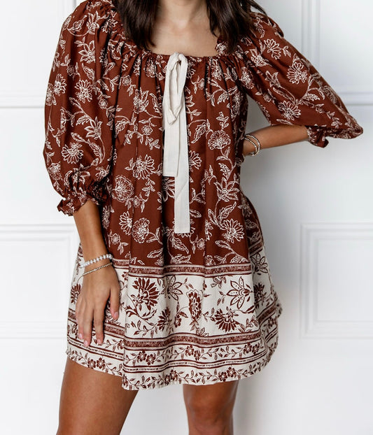 Olivia Brown Baby Doll Print Mini Dress
