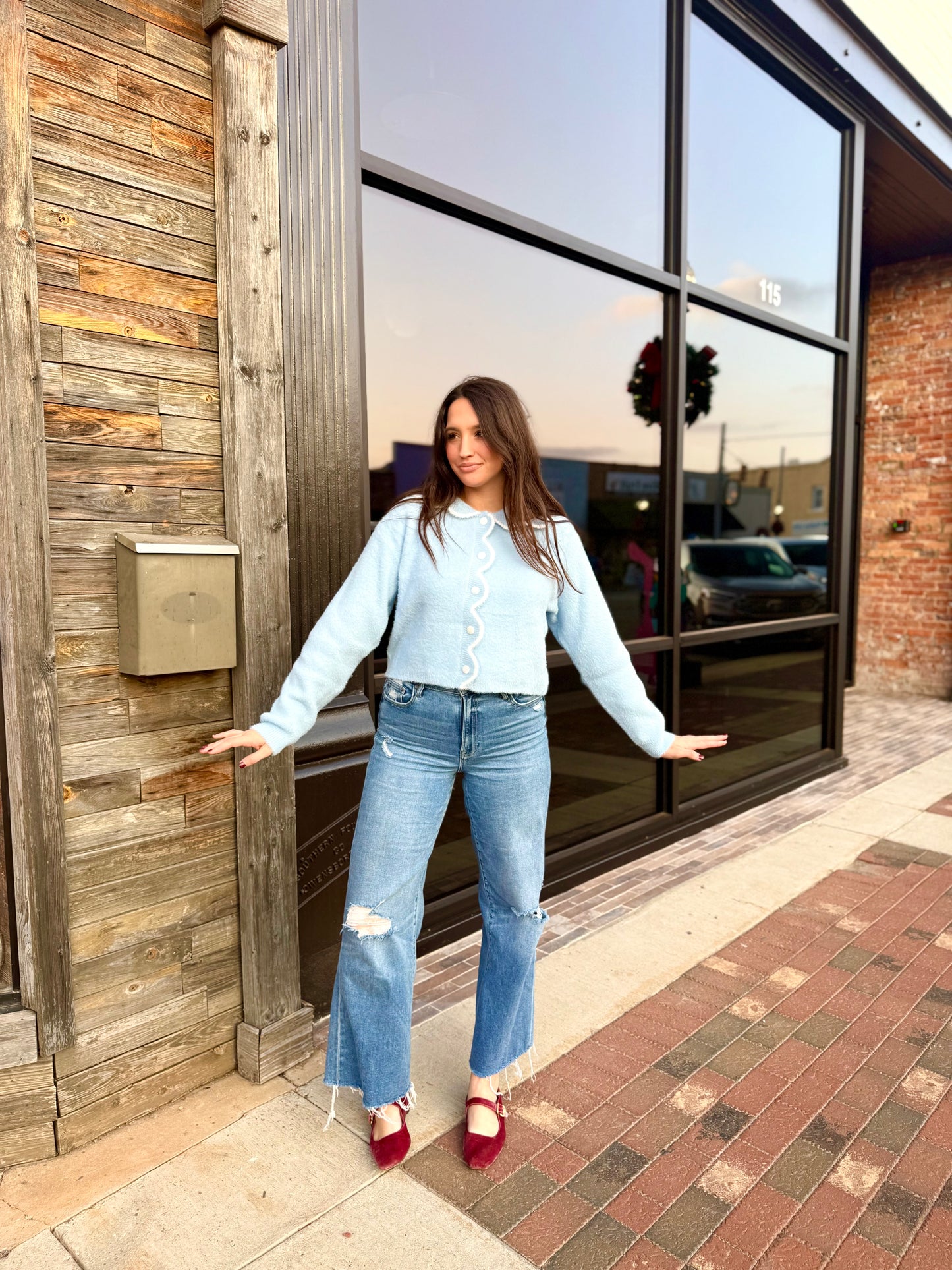 Blue Scalloped Button Sweater