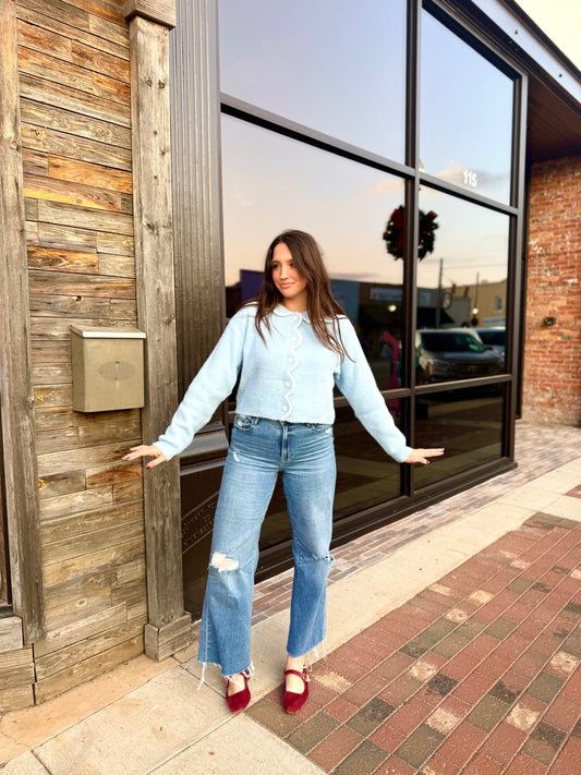 Blue Scalloped Button Sweater