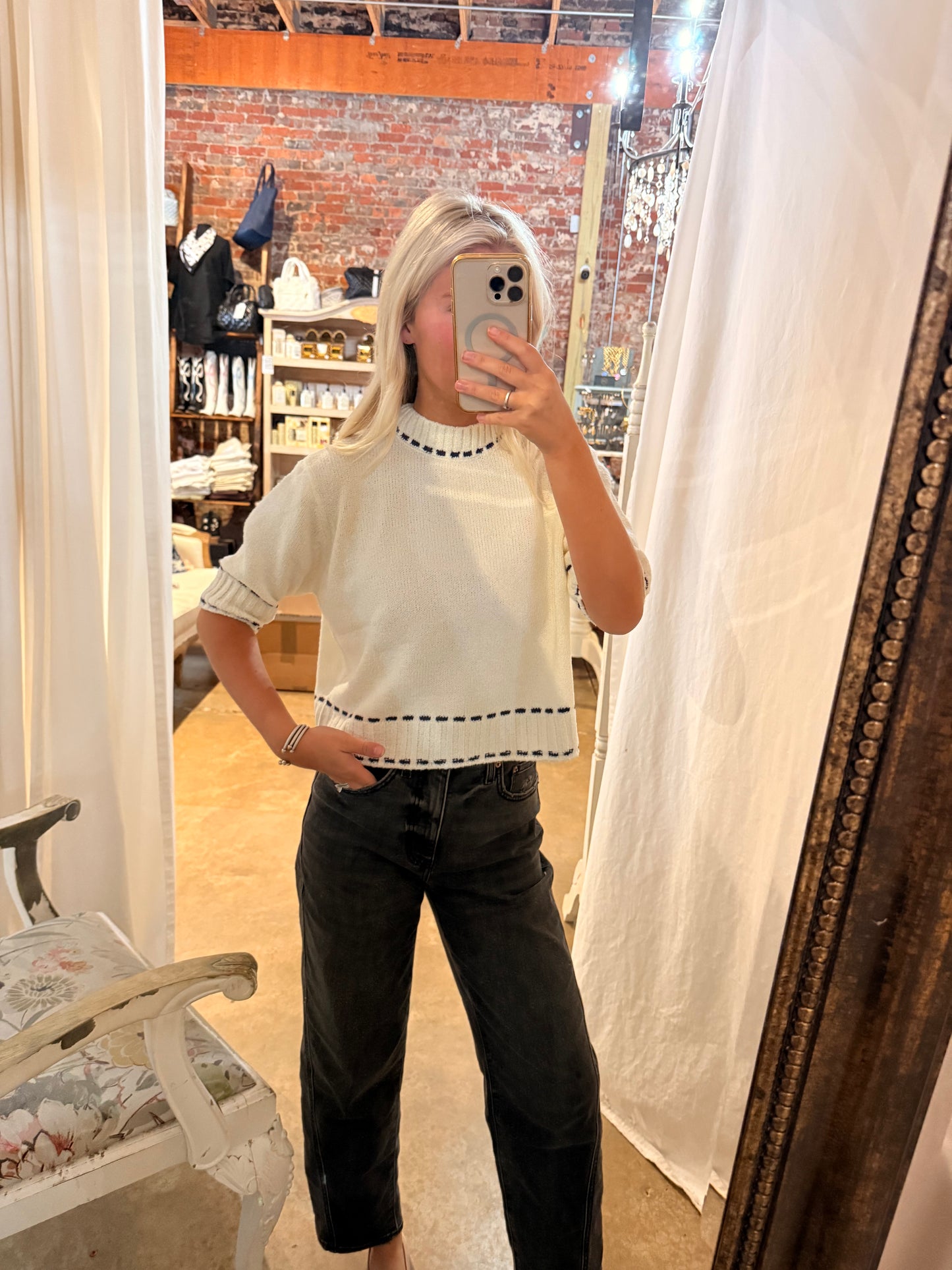 White Navy Stitched Crop Sweater