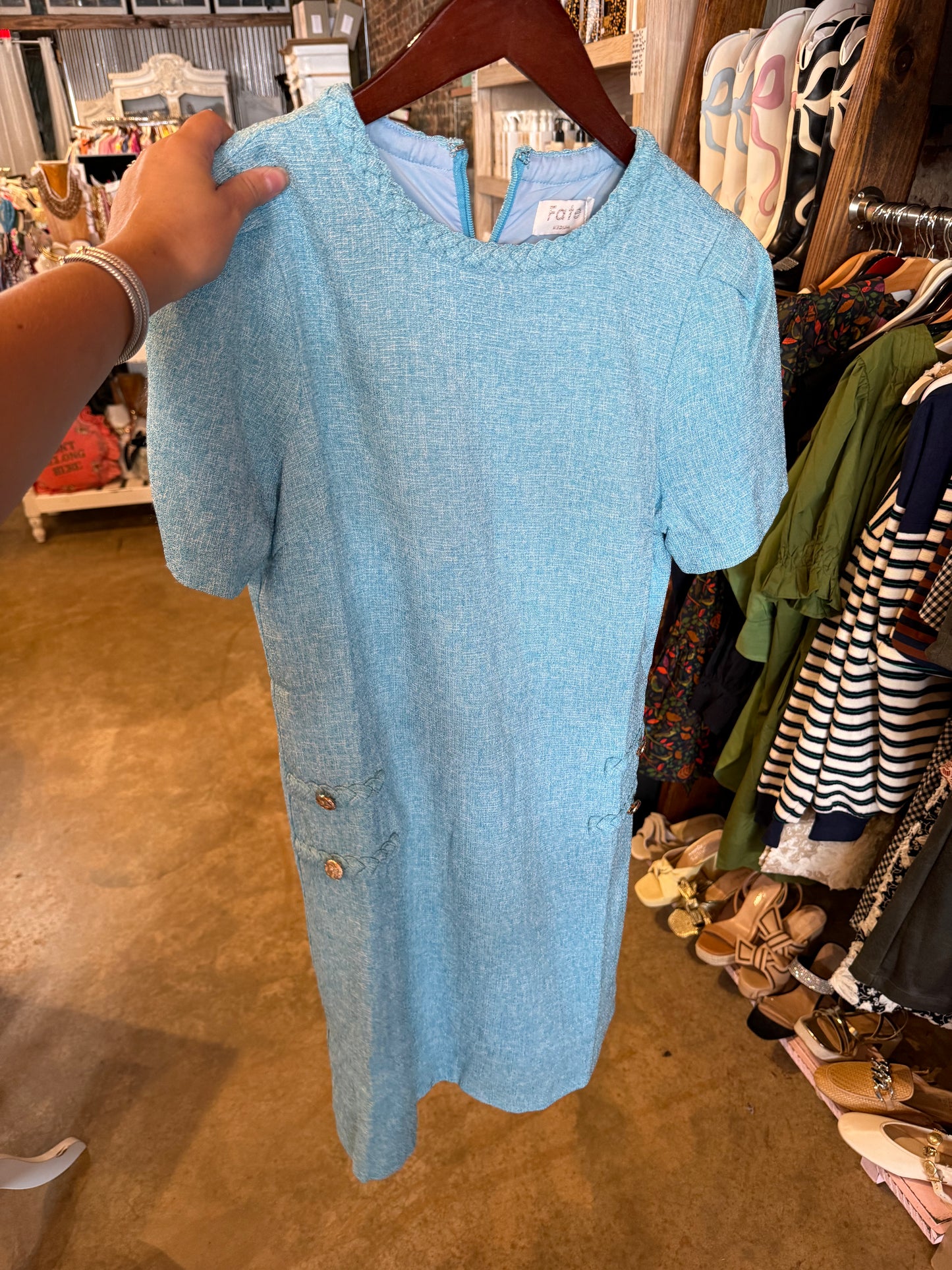 Blue Tweed Button Dress