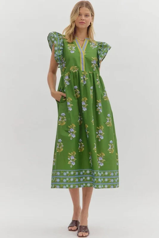 Green and Yellow Floral Midi Dress