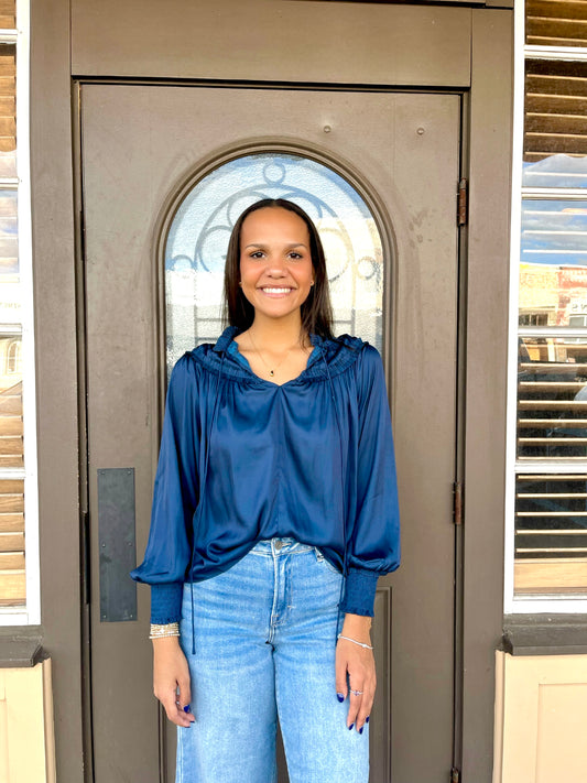 Navy Long Sleeve Satin Top