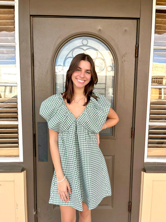 Green Gingham Dramatic Shoulder Dress