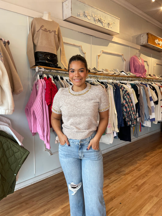 Taupe Trimmed Knit Top