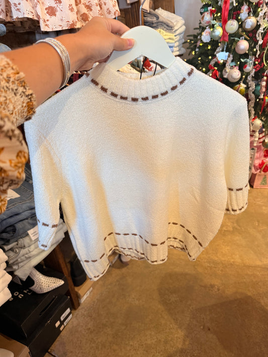 Brown and White Stitched Top