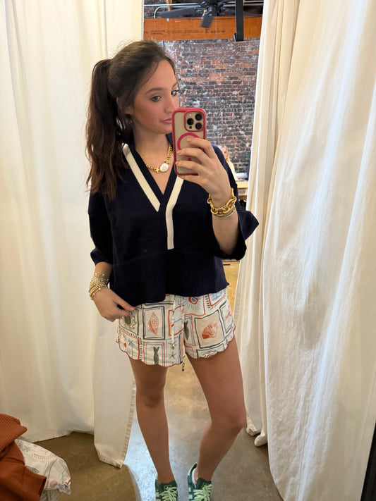 Navy and White Short Sleeve Sweater