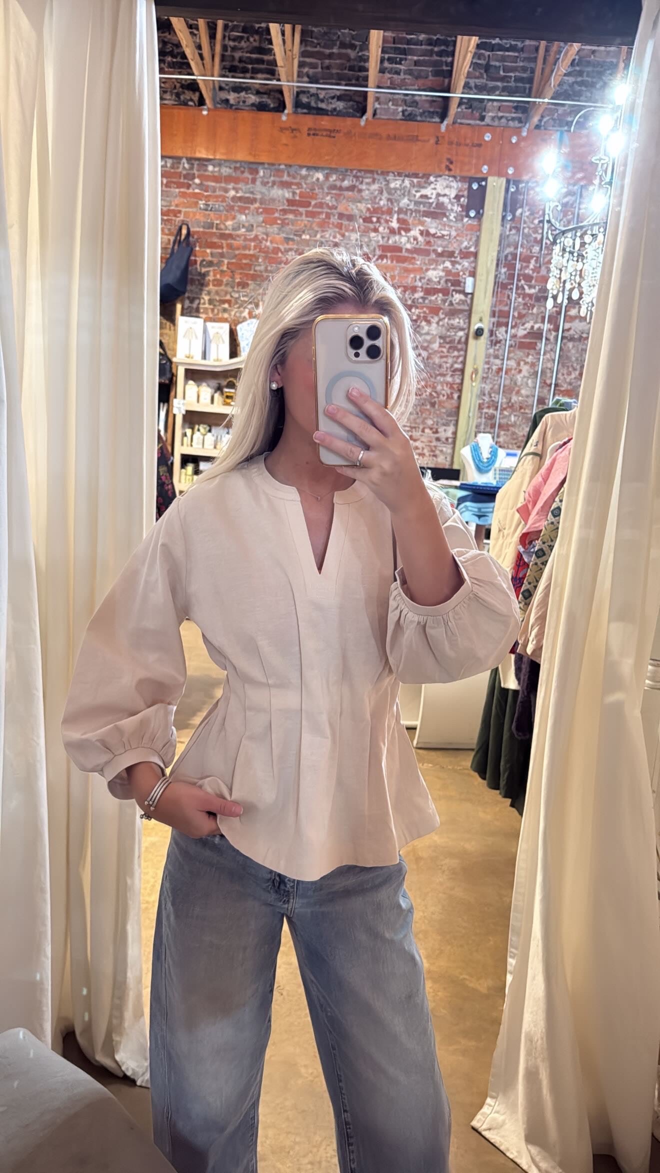 Tan Pleated Long Sleeve Top
