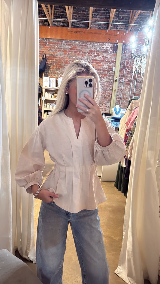 Tan Pleated Long Sleeve Top