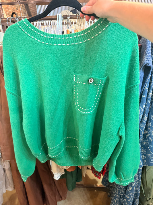 Green with White Stitch Sweater