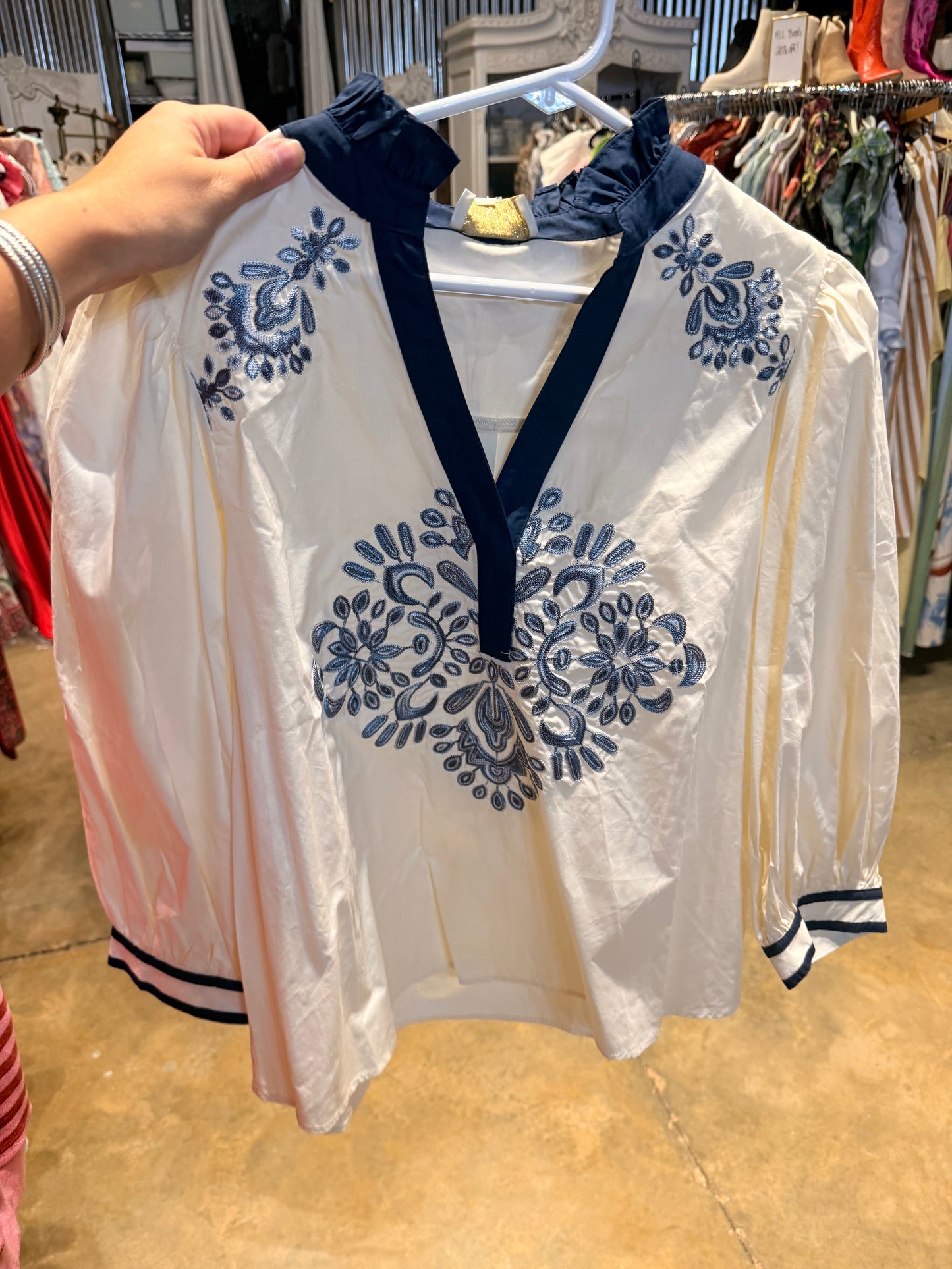 Cream and Blue Embroidered Top