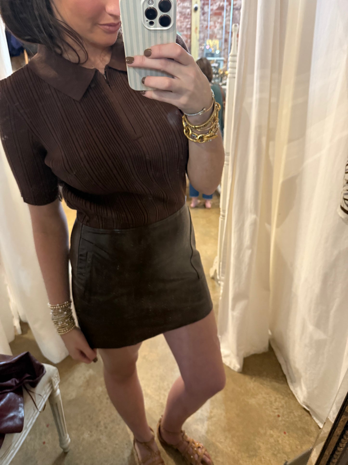 Brown Sweater Leather Contrast Dress