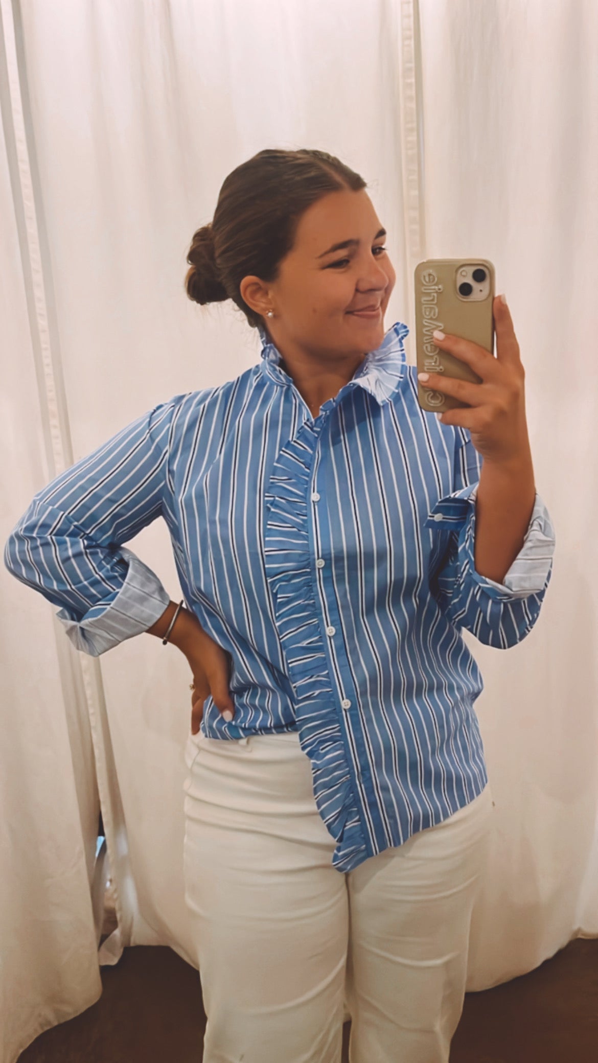 Blue Stripe Ruffle Button Top