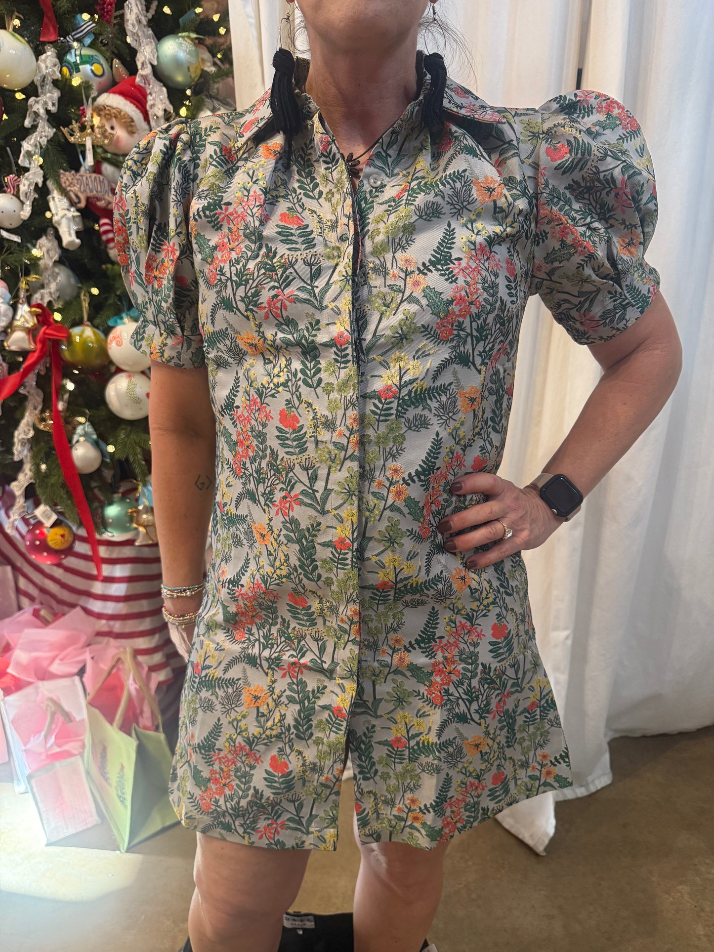 Floral Metallic Button Dress