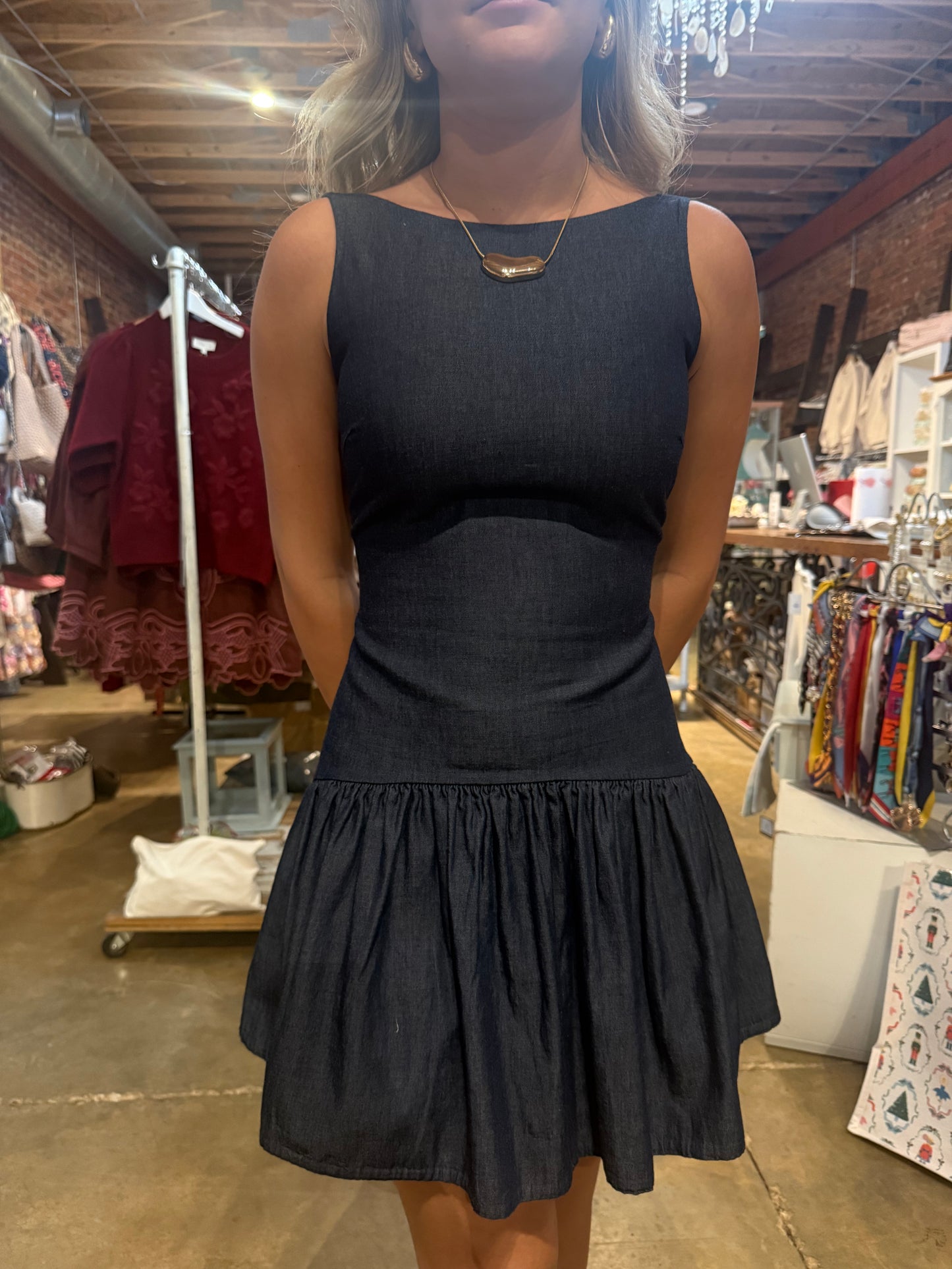 Denim V Neck Ruffle Dress